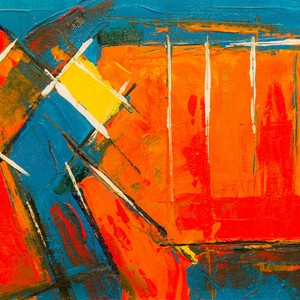 Colorful abstract acrylic artwork with bold geometric shapes on canvas.